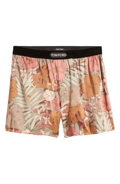 Shop Tom Ford Floral Print Stretch Silk Boxers In Pink / Green