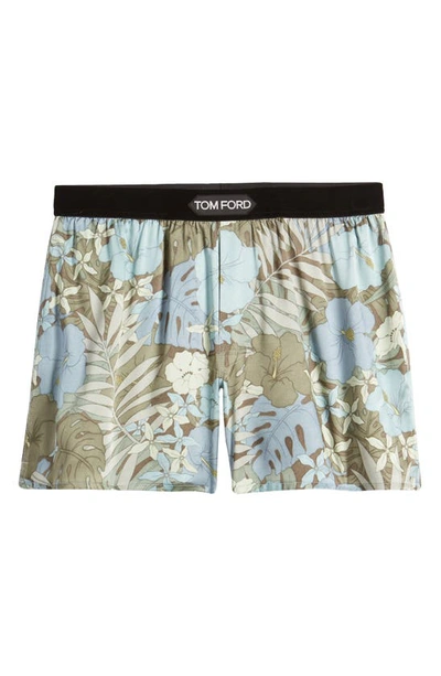 Shop Tom Ford Floral Print Stretch Silk Boxers In Blue / Green