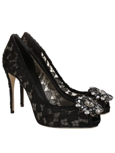 Shop Dolce & Gabbana Lace Pumps , Black With Peep Toe,high Heel, Floral Lace Pattern, Rhinestone Embellish In Nero