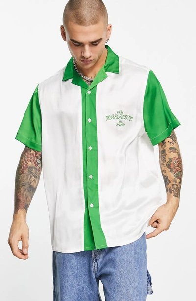 Shop Asos Design Embroidered Short Sleeve Satin Bowling Shirt In Mid Green
