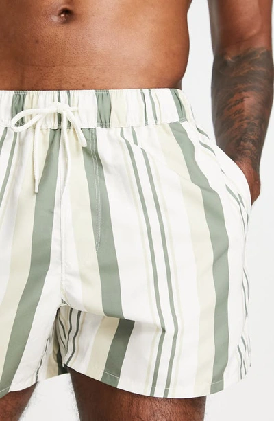 Shop Asos Design Stripe Short Swim Trunks In White