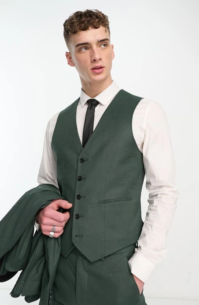 Shop Asos Design Super Skinny Suit Waistcoat In Dark Green