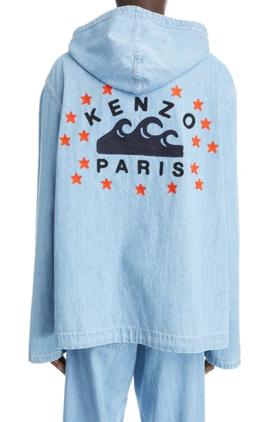 Shop Kenzo Nautical Logo Cotton Denim Hooded Coat In Stone Bleached Blue Denim