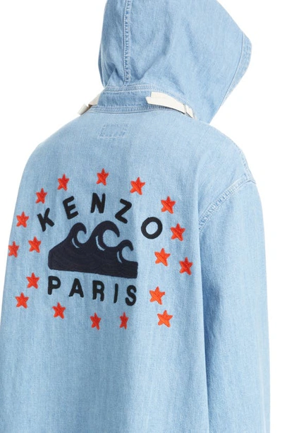 Shop Kenzo Nautical Logo Cotton Denim Hooded Coat In Stone Bleached Blue Denim