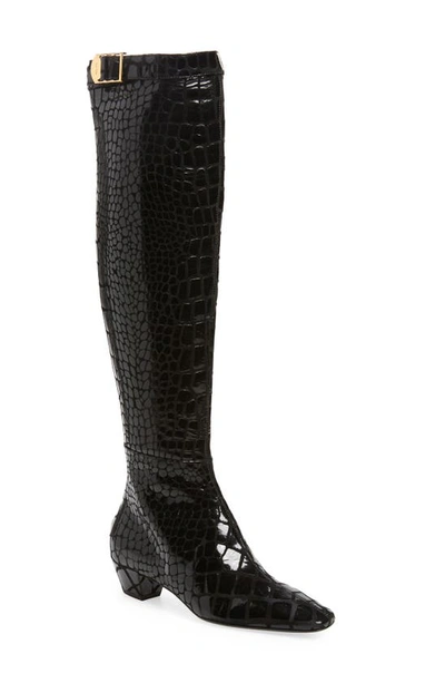 Shop Tom Ford 90s Croc Embossed Patent Leather Over The Knee Boot In Black