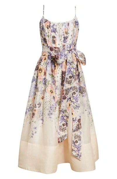 Shop Zimmermann Tama Floral Linen & Silk Corset Dress In Purple Pansy Print