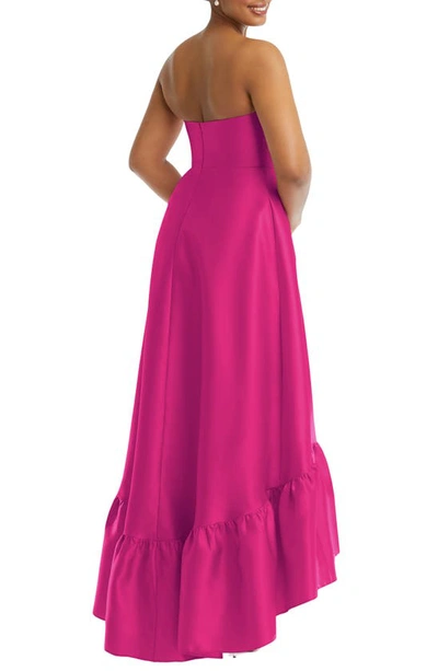 Shop Alfred Sung Strapless Ruffle High-low Satin Gown In Think Pink