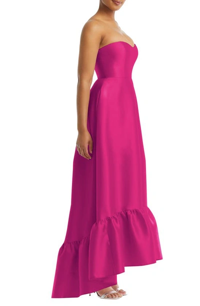 Alfred Sung Strapless Ruffle High-low Satin Gown In Think Pink