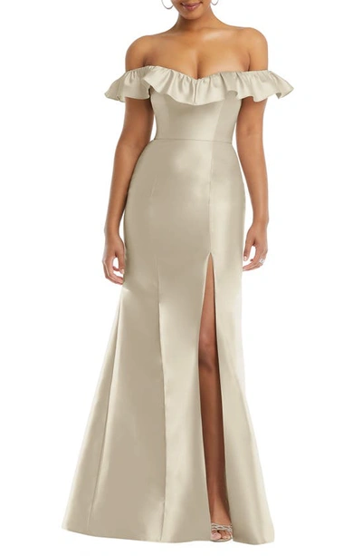 Shop Alfred Sung Off The Shoulder Ruffle Satin Trumpet Gown In Champagne