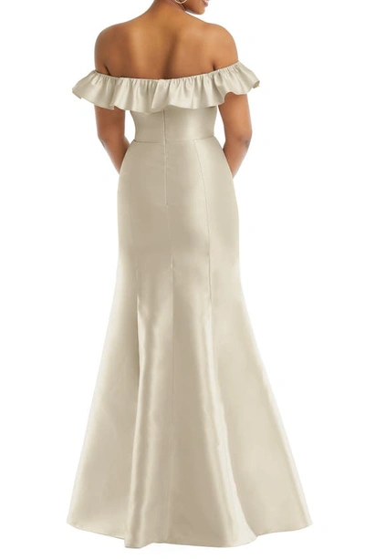 Alfred Sung Off-the-shoulder Ruffle Neck Satin Trumpet Gown In Neutral