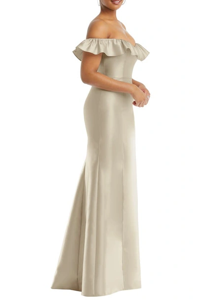Shop Alfred Sung Off The Shoulder Ruffle Satin Trumpet Gown In Champagne
