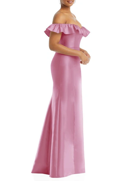 Shop Alfred Sung Off The Shoulder Ruffle Satin Trumpet Gown In Powder Pink