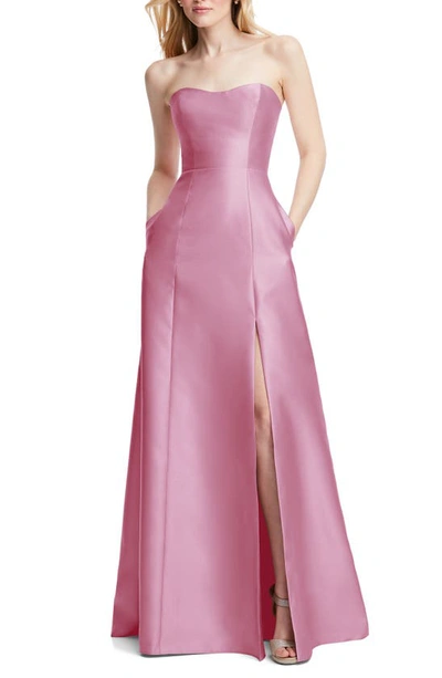 Alfred Sung Strapless Satin A-line Gown In Powder Pink