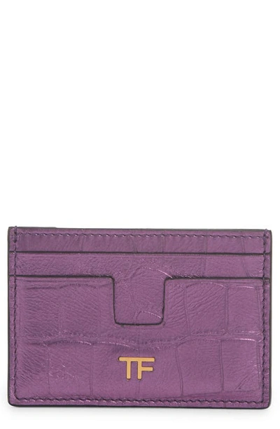 Shop Tom Ford T-line Metallic Croc Embossed Leather Card Holder In Mauve