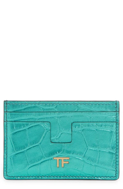 Shop Tom Ford T-line Metallic Croc Embossed Leather Card Holder In Lagoon