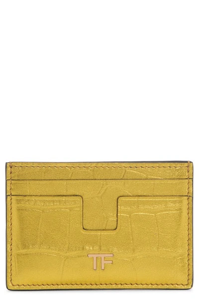 Shop Tom Ford T-line Metallic Croc Embossed Leather Card Holder In Mimosa