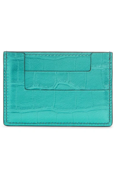 Shop Tom Ford T-line Metallic Croc Embossed Leather Card Holder In Lagoon