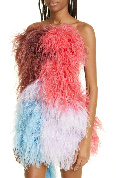 Shop Attico Keri Colorblock Feather Strapless Minidress In Blue/ Pink Multicolor