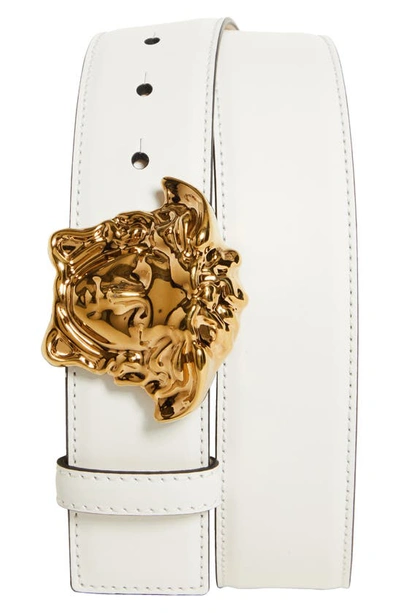 Shop Versace Medusa Head Leather Belt In Off White/  Gold