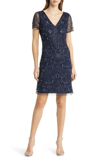 Shop Pisarro Nights Beaded Double V-neck Dress In Navy