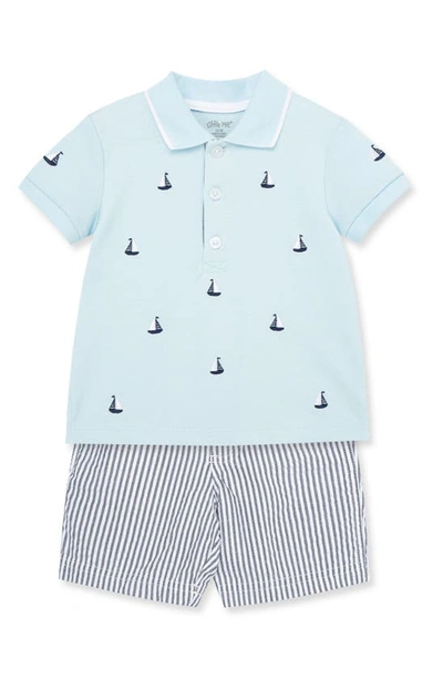 Shop Little Me Sailboat Cotton Polo & Shorts Set In Blue