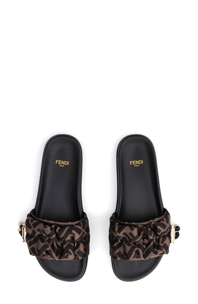 Fendi Black Brown Ff Vertigo Satin Slides In Tobacco/black