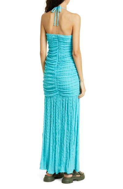 Shop Ganni Halter Neck Ruched Dress In Blue Curacao
