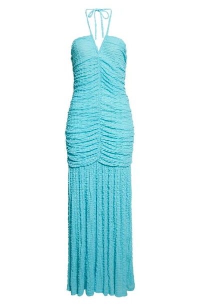 Shop Ganni Halter Neck Ruched Dress In Blue Curacao