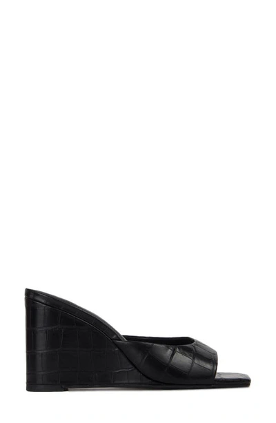 Shop Black Suede Studio Paloma Wedge Sandal In Black Croc Embossed Leather