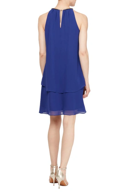 Shop Slny Embellished Neck Chiffon Ruffle Dress In Iris