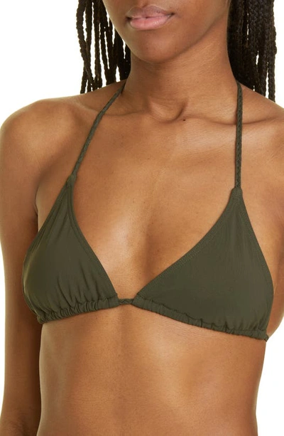 Shop Totême Braided Tie Halter Neck Triangle Bikini Top In Dark Green