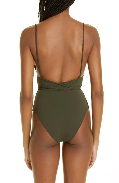 Shop Totême V-neck One-piece Wrap Swimsuit In Dark Green