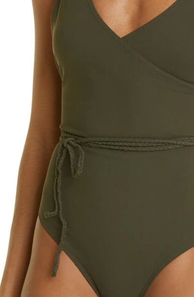 Shop Totême V-neck One-piece Wrap Swimsuit In Dark Green