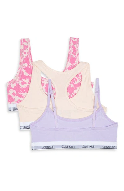 Shop Calvin Klein Kids' Assorted 3-pack Stretch Cotton Sports Bras In Lilac/ Nude/ Pink Splatter