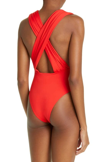 Shop Balmain Plunge Neck One-piece Swimsuit In Red