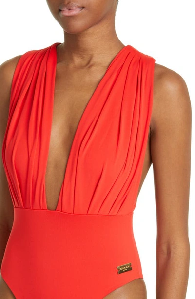 Shop Balmain Plunge Neck One-piece Swimsuit In Red