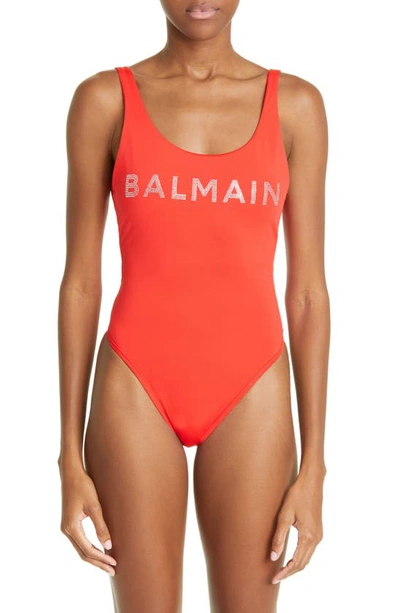 Shop Balmain Embellished Logo One-piece Swimsuit In Red