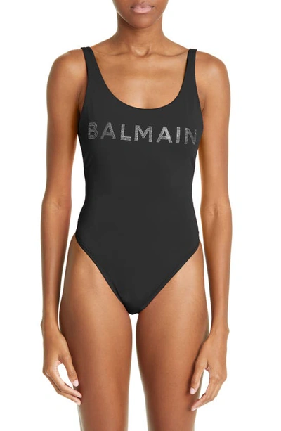 Shop Balmain Embellished Logo One-piece Swimsuit In Black