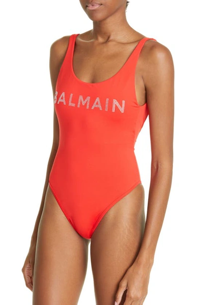 Shop Balmain Embellished Logo One-piece Swimsuit In Red