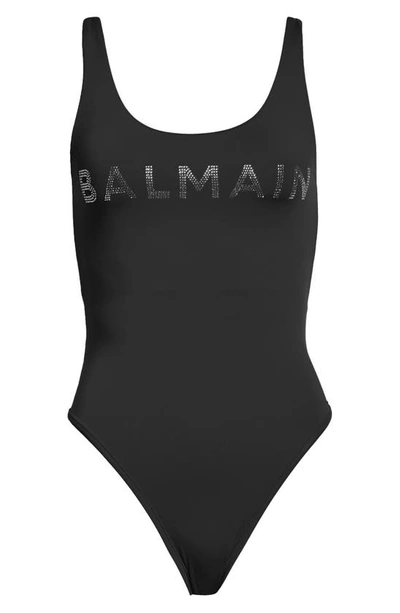 Shop Balmain Embellished Logo One-piece Swimsuit In Black