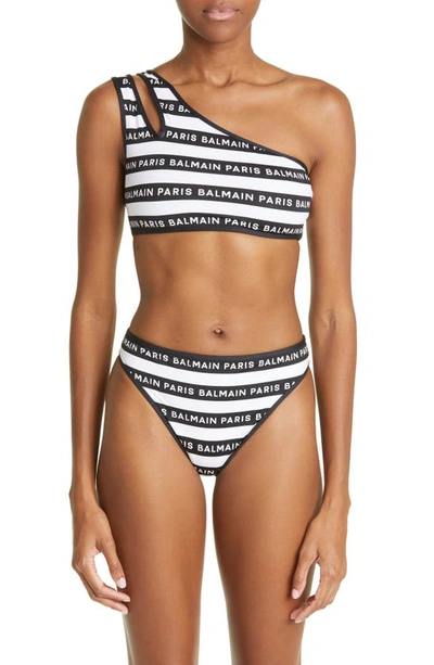 Shop Balmain Logo Stripe One-shoulder Two-piece Swimsuit In Black/ White