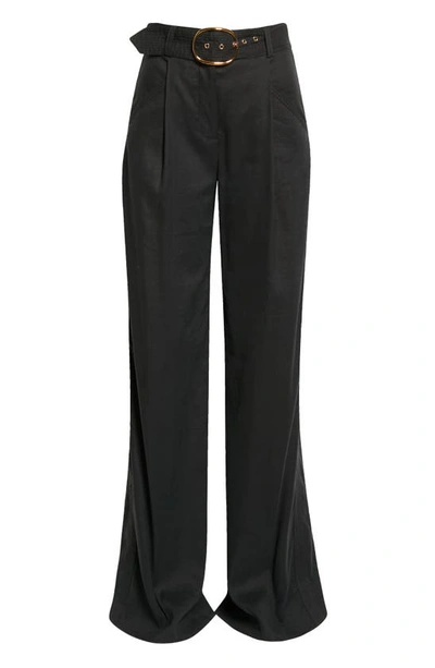 Shop Veronica Beard Rimini Belted Wide Leg Linen Blend Trousers In Black