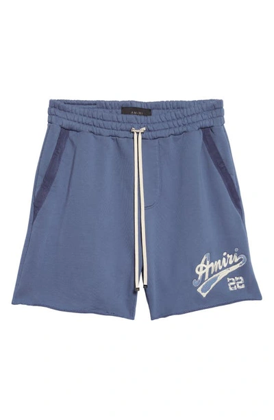 Shop Amiri Embroidered '22 Logo Sweat Shorts In Bluefin
