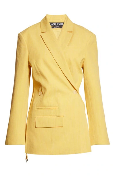 Shop Jacquemus Tibau Crossover Double Breasted Linen Blend Jacket In Yellow