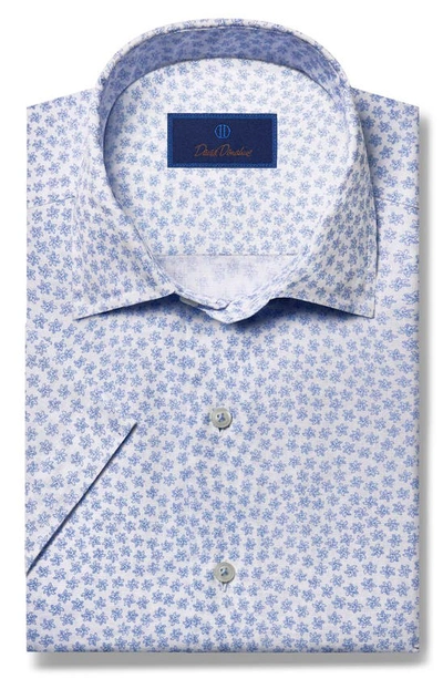 Shop David Donahue Starfish Print Short Sleeve Linen & Cotton Button-up Shirt In White/ Blue