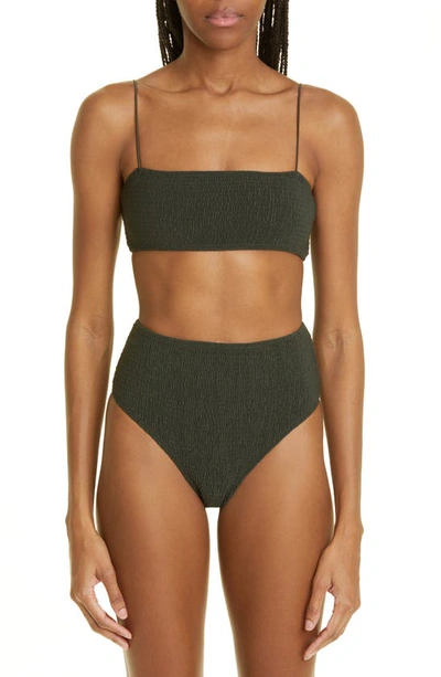 Shop Totême Smocked Bikini Top In Dark Green
