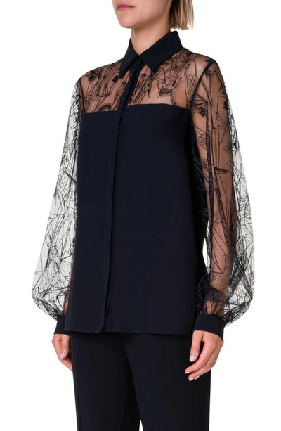 Shop Akris Embroidered Croquis Tulle & Silk Crepe Shirt In Black