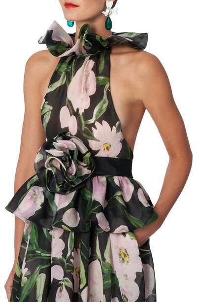 Shop Carolina Herrera Peony Print Halter Neck Silk Organza Gown In Black Multi