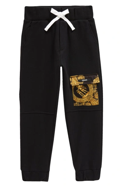 Shop Versace Kids' Baroque Detail Cotton Joggers In Black Gold