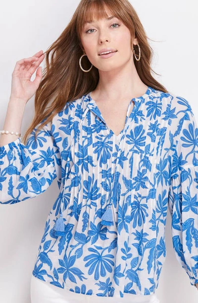 Shop Vineyard Vines Dumore Floral Pintuck Popover Blouse In Cay Floral-hull Blue